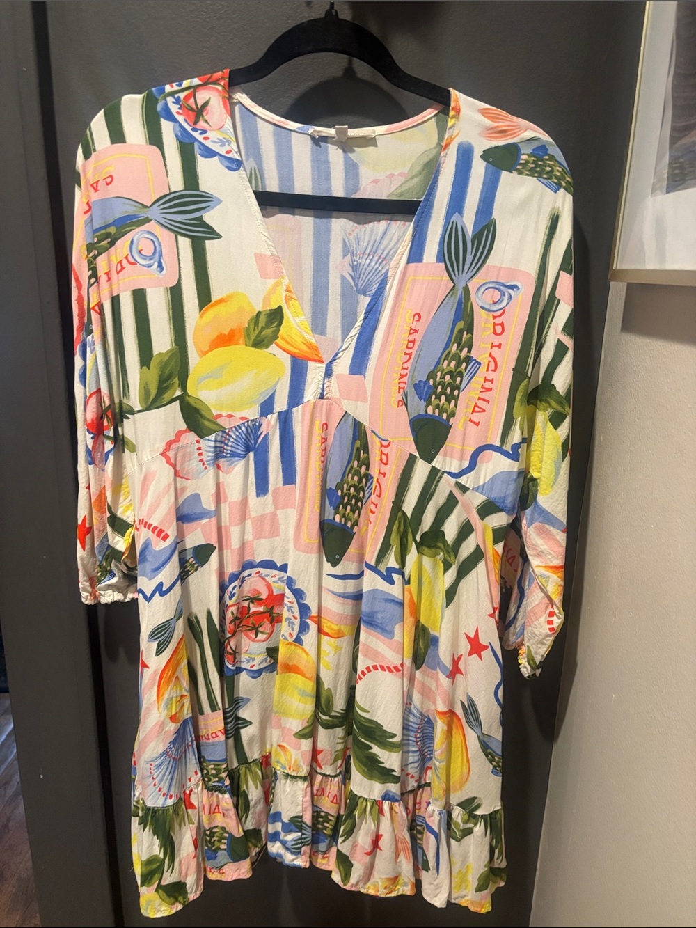 Multicolor Lemon & Fish Print V-Neck Tunic Dress/coverup